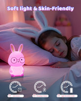 Child wearing bunny ears with a pink night light on a bed, labeled 'Soft light & Skin-Friendly'.